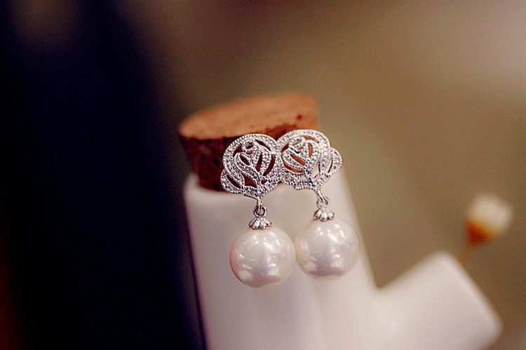 Earring Dangle Pearl Rose Rhinestone Faux