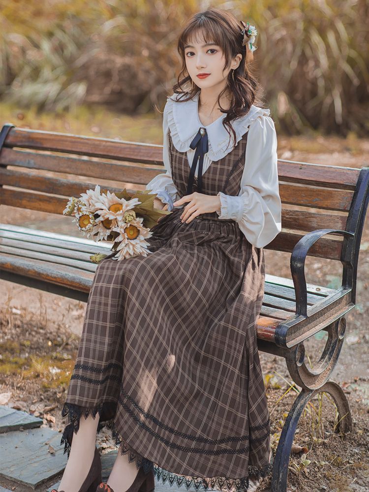 Plaid A-Line Midi Dress with Long-Sleeve Frill Blouse Set