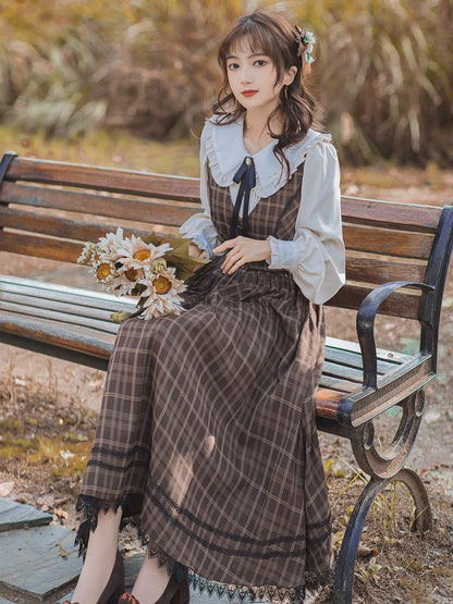 Plaid A-Line Midi Dress with Long-Sleeve Frill Blouse Set