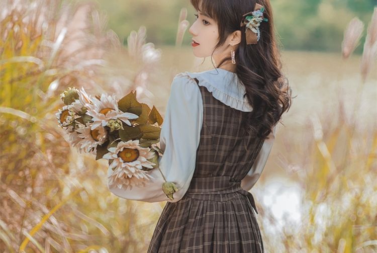 Plaid A-Line Midi Dress with Long-Sleeve Frill Blouse Set