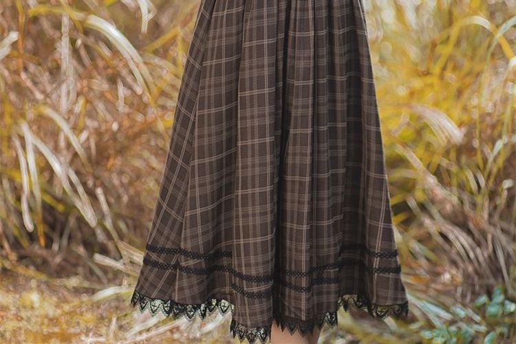 Plaid A-Line Midi Dress with Long-Sleeve Frill Blouse Set