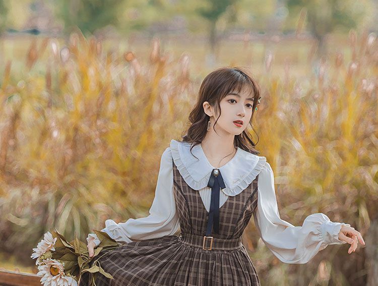 Plaid A-Line Midi Dress with Long-Sleeve Frill Blouse Set