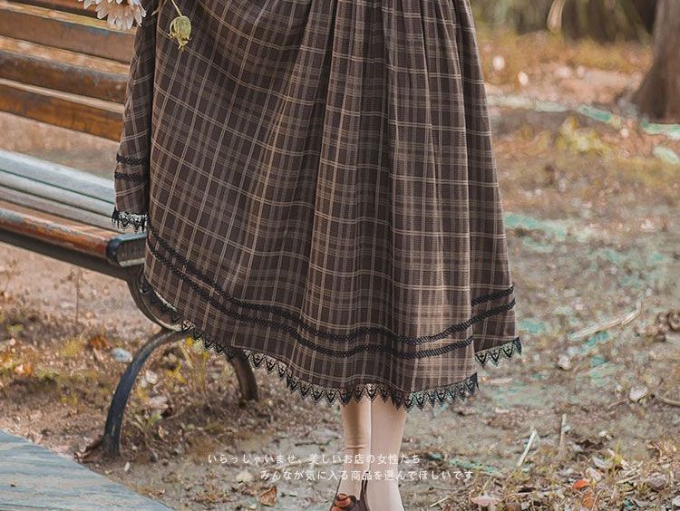 Plaid A-Line Midi Dress with Long-Sleeve Frill Blouse Set