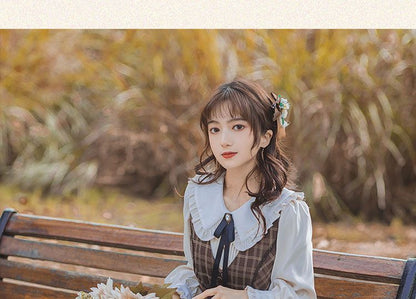 Plaid A-Line Midi Dress with Long-Sleeve Frill Blouse Set
