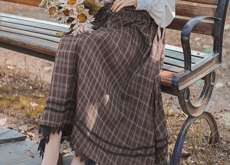 Plaid A-Line Midi Dress with Long-Sleeve Frill Blouse Set