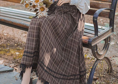 Plaid A-Line Midi Dress with Long-Sleeve Frill Blouse Set