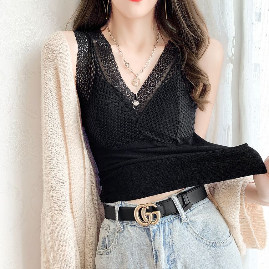 Lace-Trimmed V-Neck Sleeveless Shell