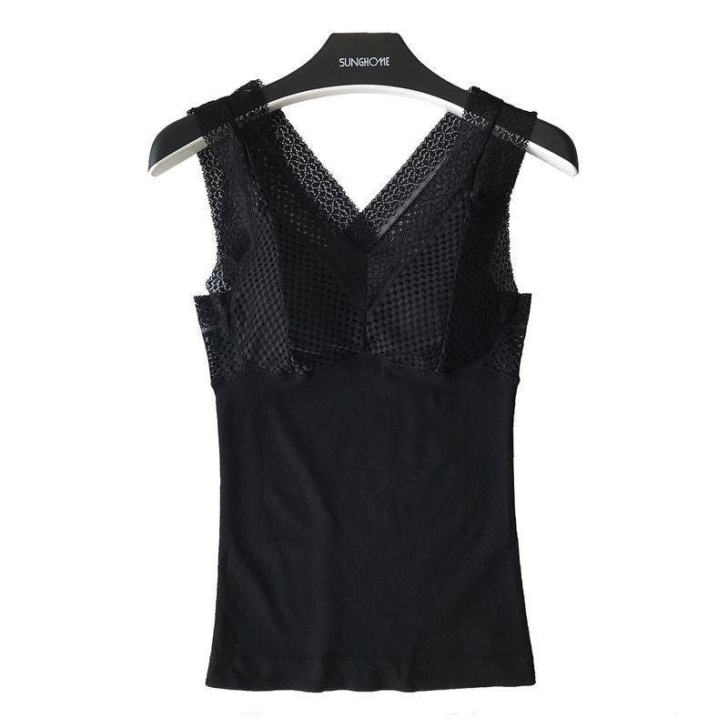Lace-Trimmed V-Neck Sleeveless Shell