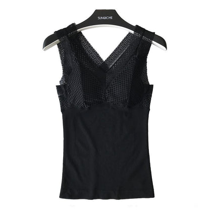 Lace-Trimmed V-Neck Sleeveless Shell