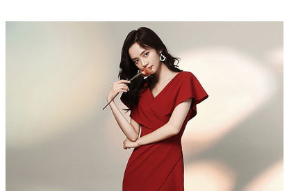 Short-Sleeve V-Neck Tiered Mermaid Gown (Various Designs)