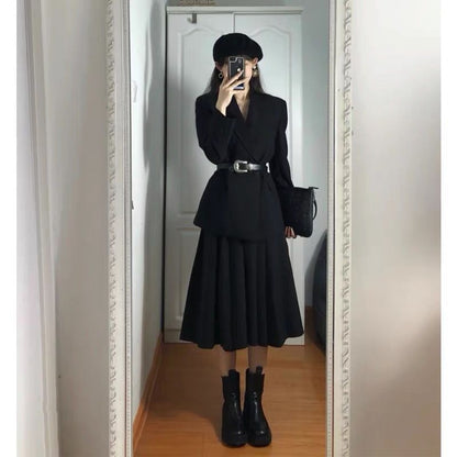 Plain Blazer / Faux Leather Belt / Midi A-Line Skirt / Set