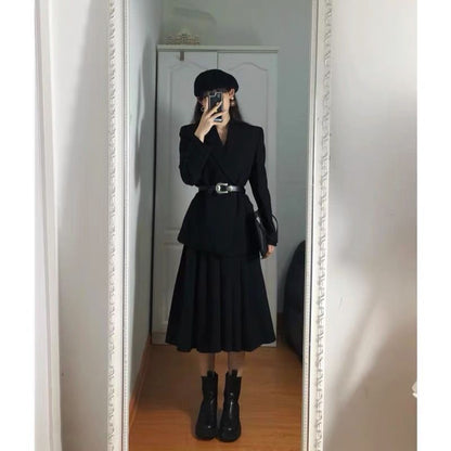 Plain Blazer / Faux Leather Belt / Midi A-Line Skirt / Set