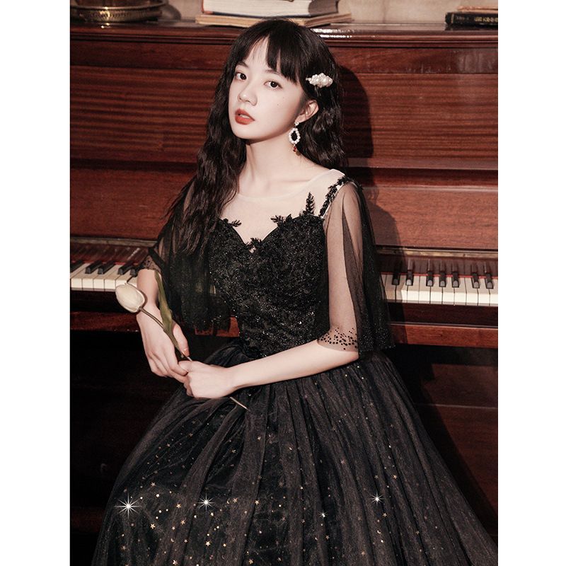 Short-Sleeve Sheer A-Line Evening Dress / Gown