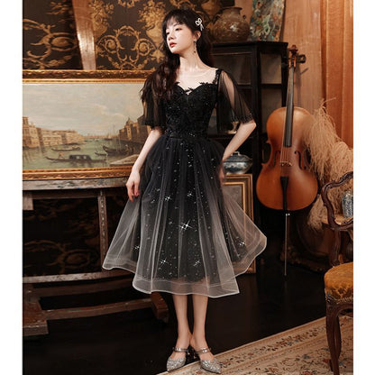 Short-Sleeve Sheer A-Line Evening Dress / Gown