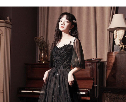 Short-Sleeve Sheer A-Line Evening Dress / Gown