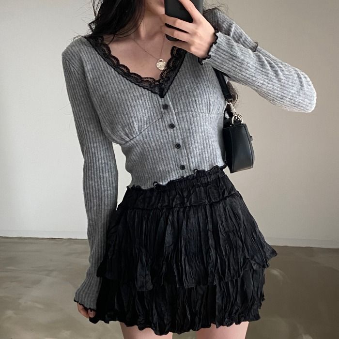 V-Neck Long-Sleeve Top with Lace Accent