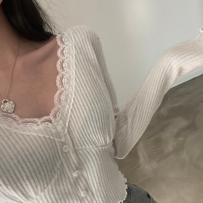 V-Neck Long-Sleeve Top with Lace Accent