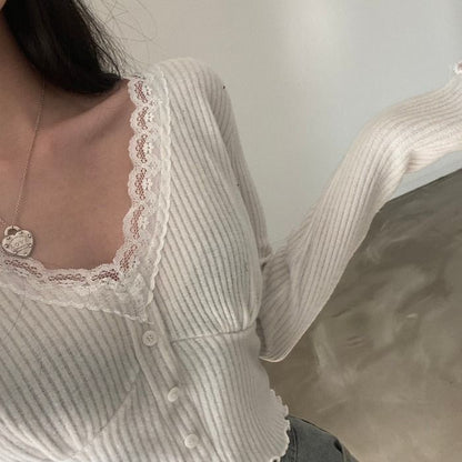V-Neck Long-Sleeve Top with Lace Accent