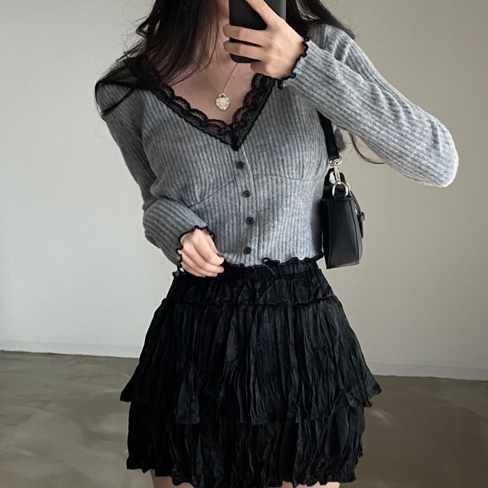 V-Neck Long-Sleeve Top with Lace Accent