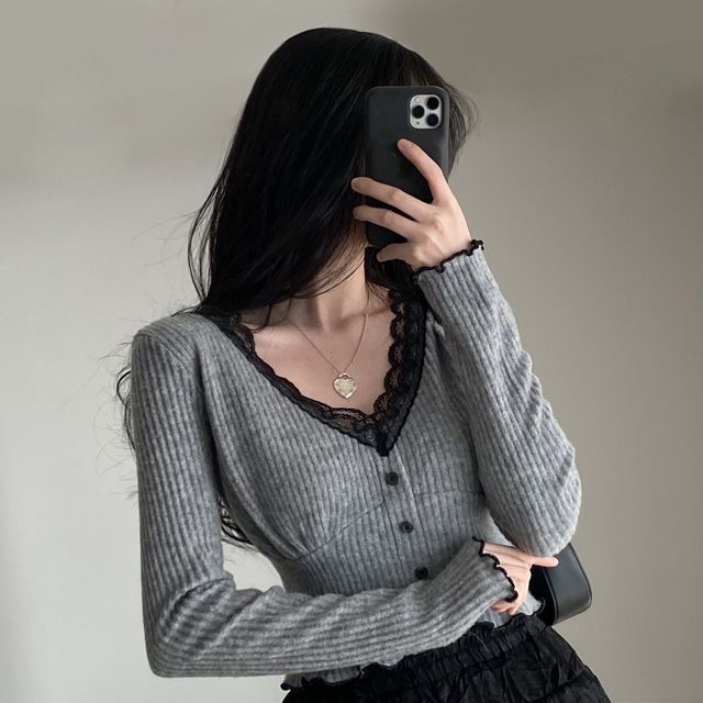 V-Neck Long-Sleeve Top with Lace Accent
