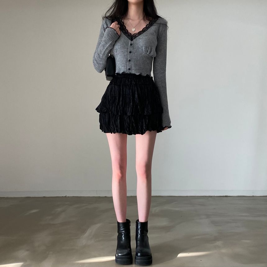 V-Neck Long-Sleeve Top with Lace Accent