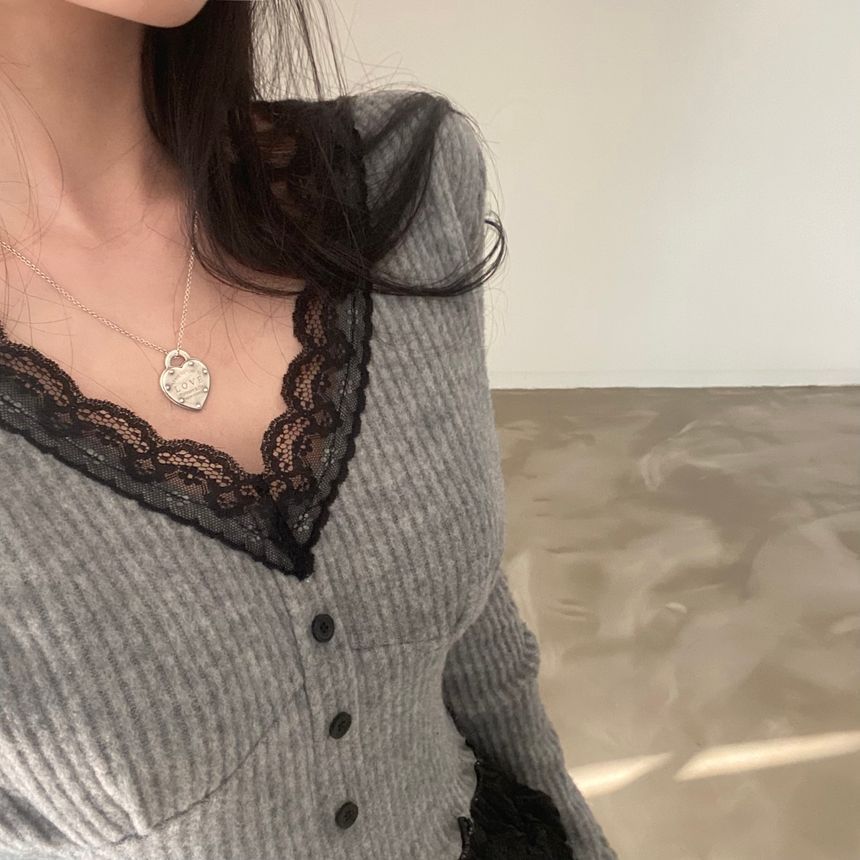 V-Neck Long-Sleeve Top with Lace Accent