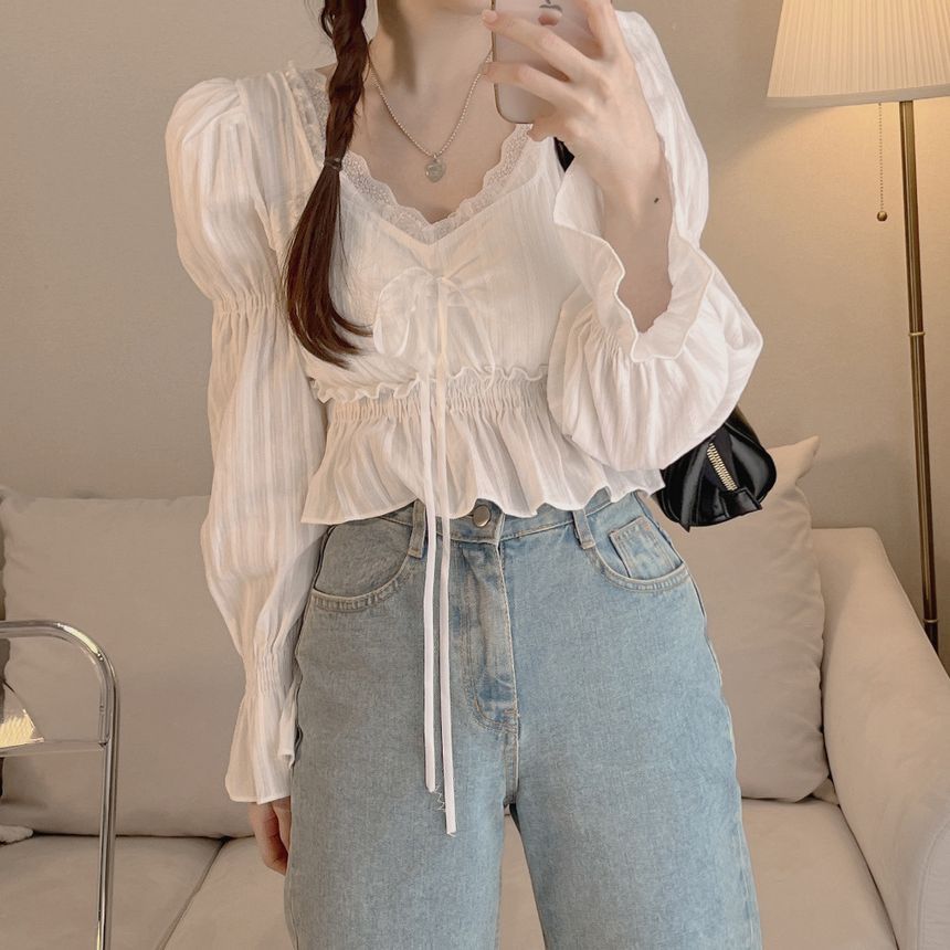 Drawstring Blouse with Puff Sleeves and Lace Detail