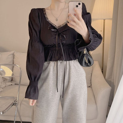 Drawstring Blouse with Puff Sleeves and Lace Detail