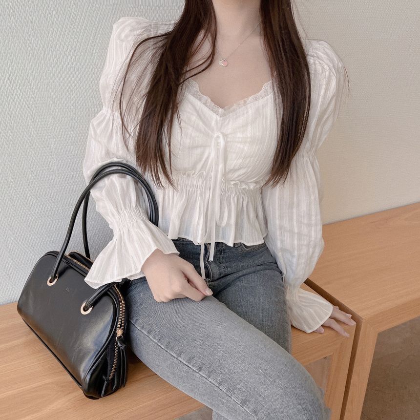 Drawstring Blouse with Puff Sleeves and Lace Detail