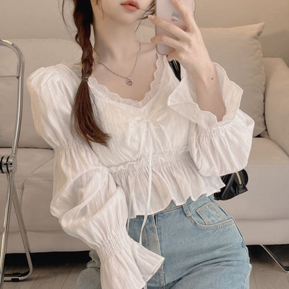 Drawstring Blouse with Puff Sleeves and Lace Detail