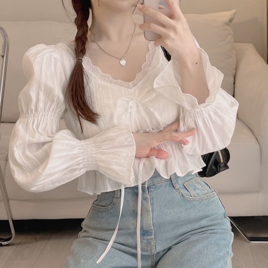 Drawstring Blouse with Puff Sleeves and Lace Detail