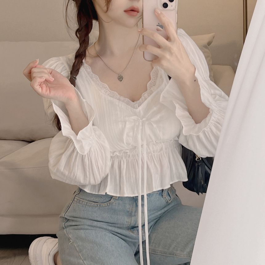 Drawstring Blouse with Puff Sleeves and Lace Detail