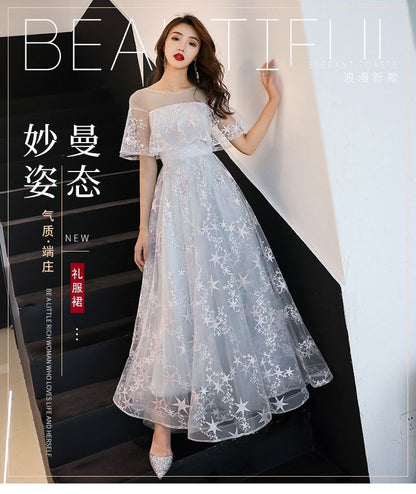Star Embroidered Mesh A-Line Evening Gown / Cocktail Dress