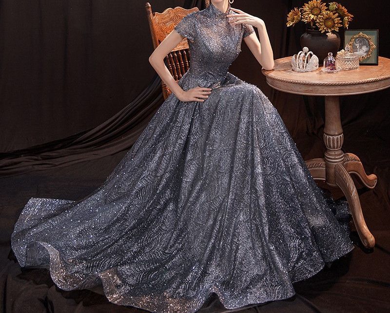 Short-Sleeve Glitter A-Line Evening Gown