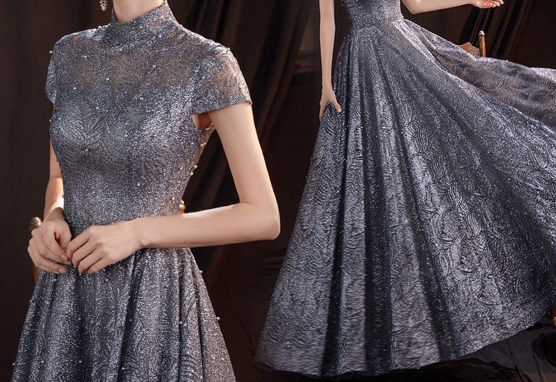 Short-Sleeve Glitter A-Line Evening Gown