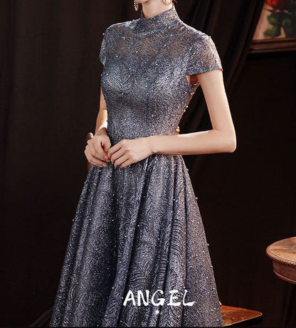 Short-Sleeve Glitter A-Line Evening Gown