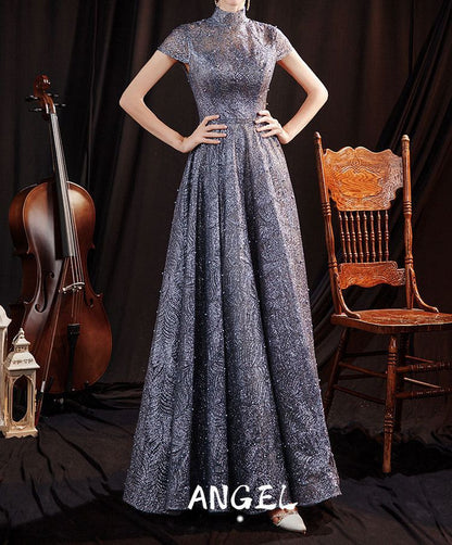 Short-Sleeve Glitter A-Line Evening Gown