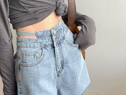 Mid Rise Cutout Denim Shorts