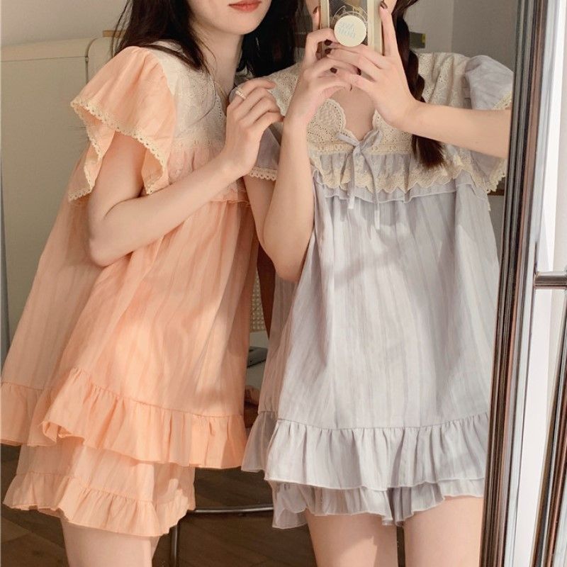 Lace-Trimmed Short-Sleeve Pajama Set with Shorts