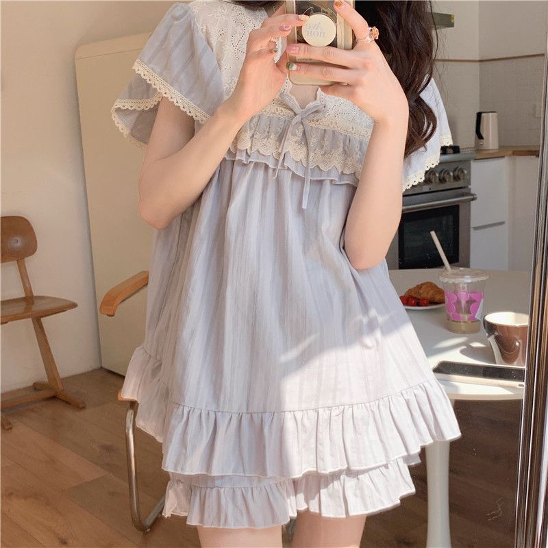Lace-Trimmed Short-Sleeve Pajama Set with Shorts