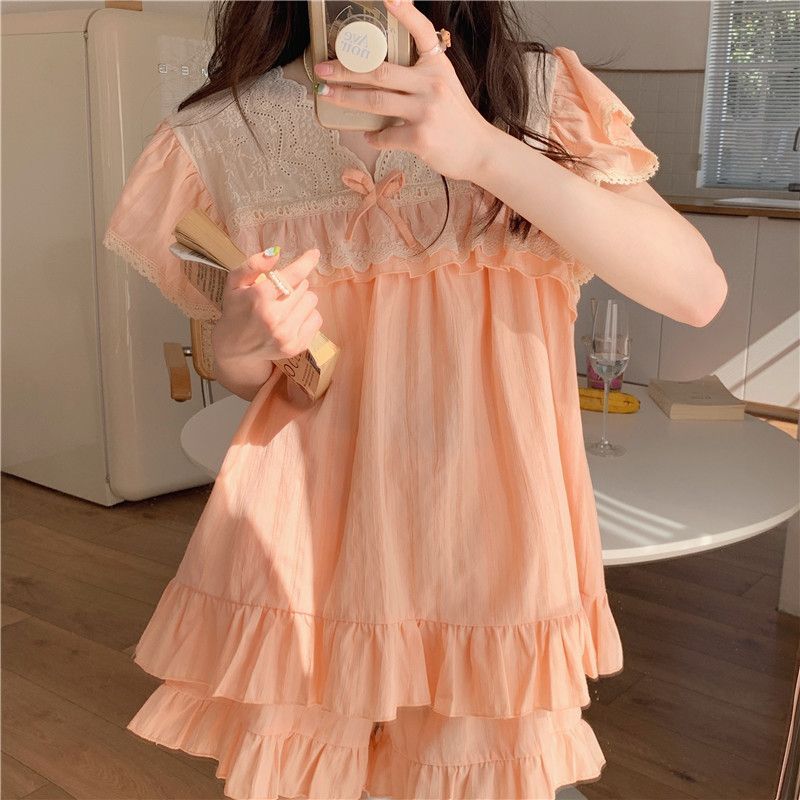 Lace-Trimmed Short-Sleeve Pajama Set with Shorts