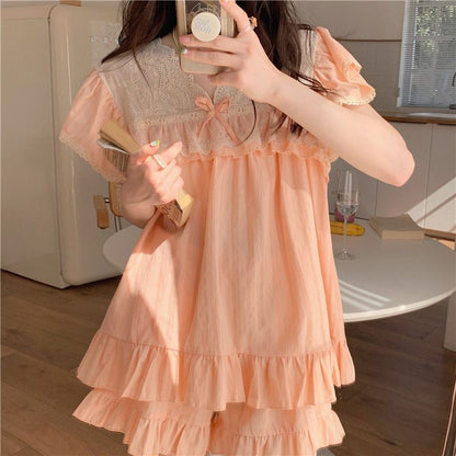 Lace-Trimmed Short-Sleeve Pajama Set with Shorts