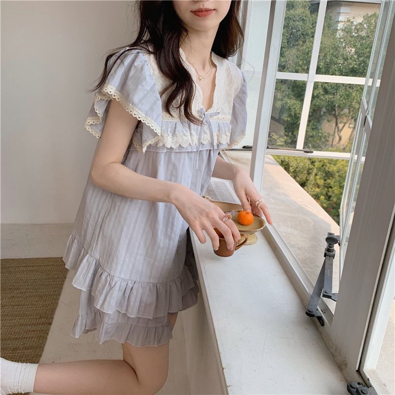 Lace-Trimmed Short-Sleeve Pajama Set with Shorts