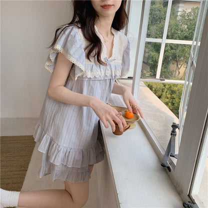 Lace-Trimmed Short-Sleeve Pajama Set with Shorts
