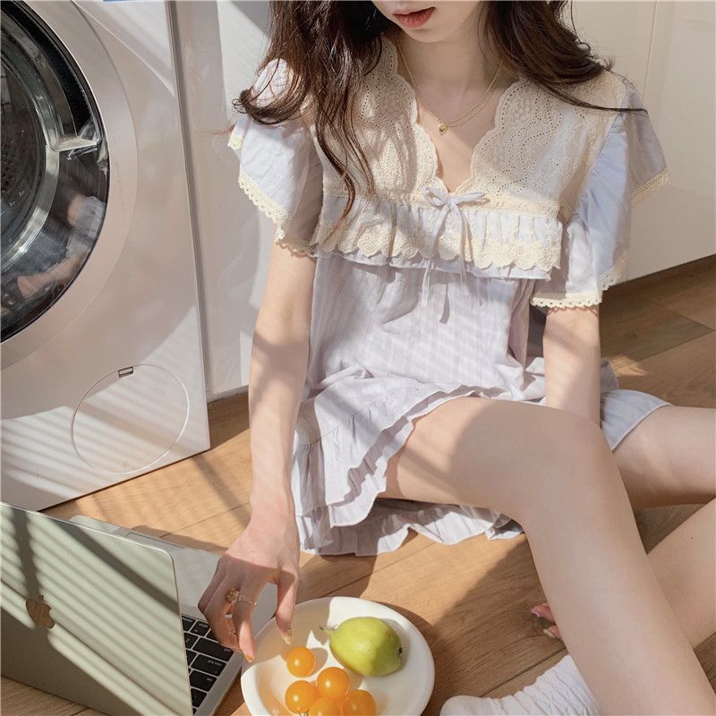 Lace-Trimmed Short-Sleeve Pajama Set with Shorts