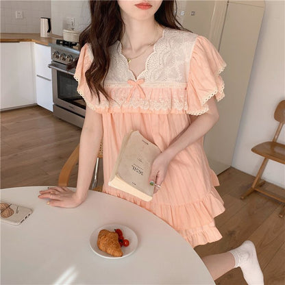 Lace-Trimmed Short-Sleeve Pajama Set with Shorts