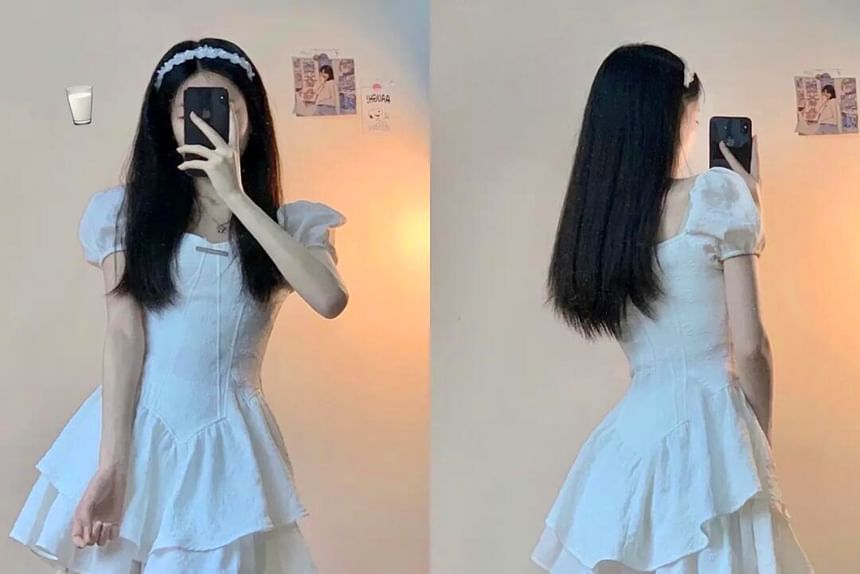 Set: Puff-Sleeve Sweetheart Peplum Top + Ruffled Mini Skirt