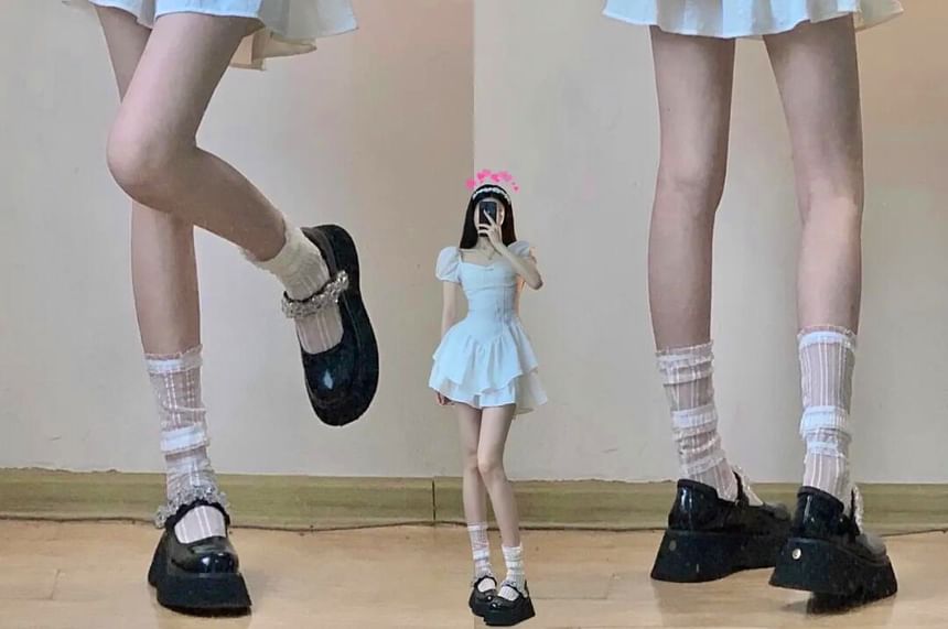 Set: Puff-Sleeve Sweetheart Peplum Top + Ruffled Mini Skirt