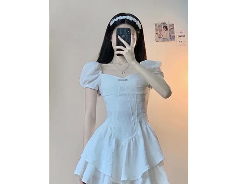 Set: Puff-Sleeve Sweetheart Peplum Top + Ruffled Mini Skirt