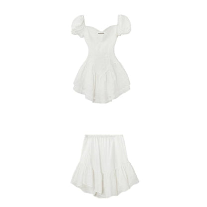 Set: Puff-Sleeve Sweetheart Peplum Top + Ruffled Mini Skirt